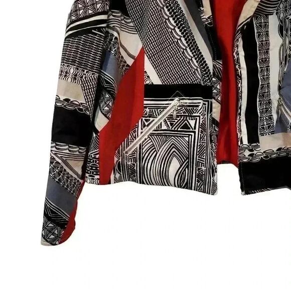 Chico's Women's Red/White/Black Cotton Blend Geometric Print Open Front Lined Ja - Picture 3 of 12